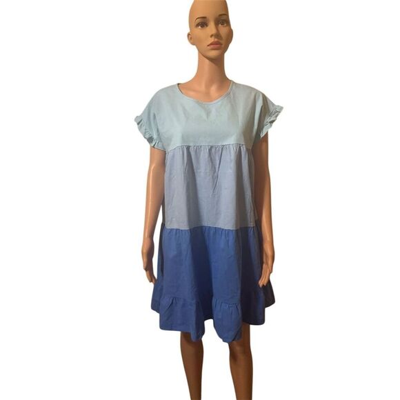 Simply Southern Women's Standard L Blue Tiered Color Block Knee Length Dress - Picture 3 of 13